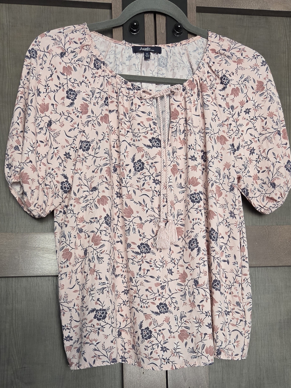 Angels Forever Young Floral Peasant Blouse Medium Pink Blue 100% Rayon Boho